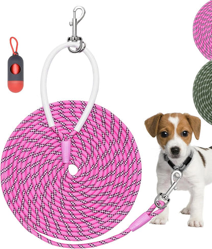 Lightweight Nylon Training Leash 30Ftx1/4In Pink with Comfortable Silicone Handle Highly Reflective No Tangle for Dogs Cats outside Walking Camping Backyard.