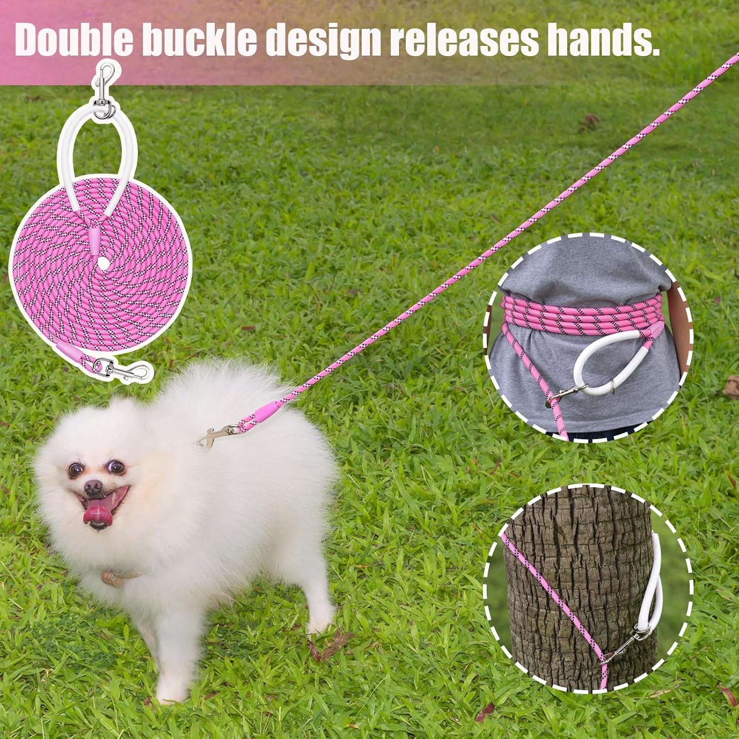 Lightweight Nylon Training Leash 30Ftx1/4In Pink with Comfortable Silicone Handle Highly Reflective No Tangle for Dogs Cats outside Walking Camping Backyard.