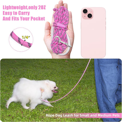 Lightweight Nylon Training Leash 30Ftx1/4In Pink with Comfortable Silicone Handle Highly Reflective No Tangle for Dogs Cats outside Walking Camping Backyard.