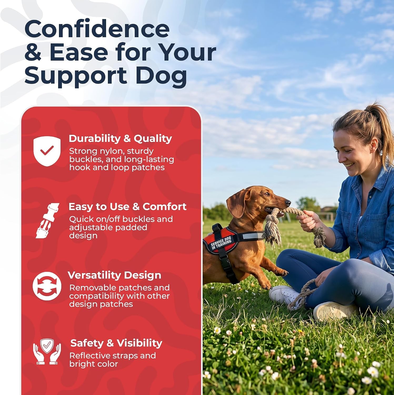 Service Dog in Training Vest Harness, XS 16.5-21.5 in Red | Durable & Adjustable Vest for Dog with Reflective Straps, Removable Patches, Handle & D-Ring, Travel and Daily Use
