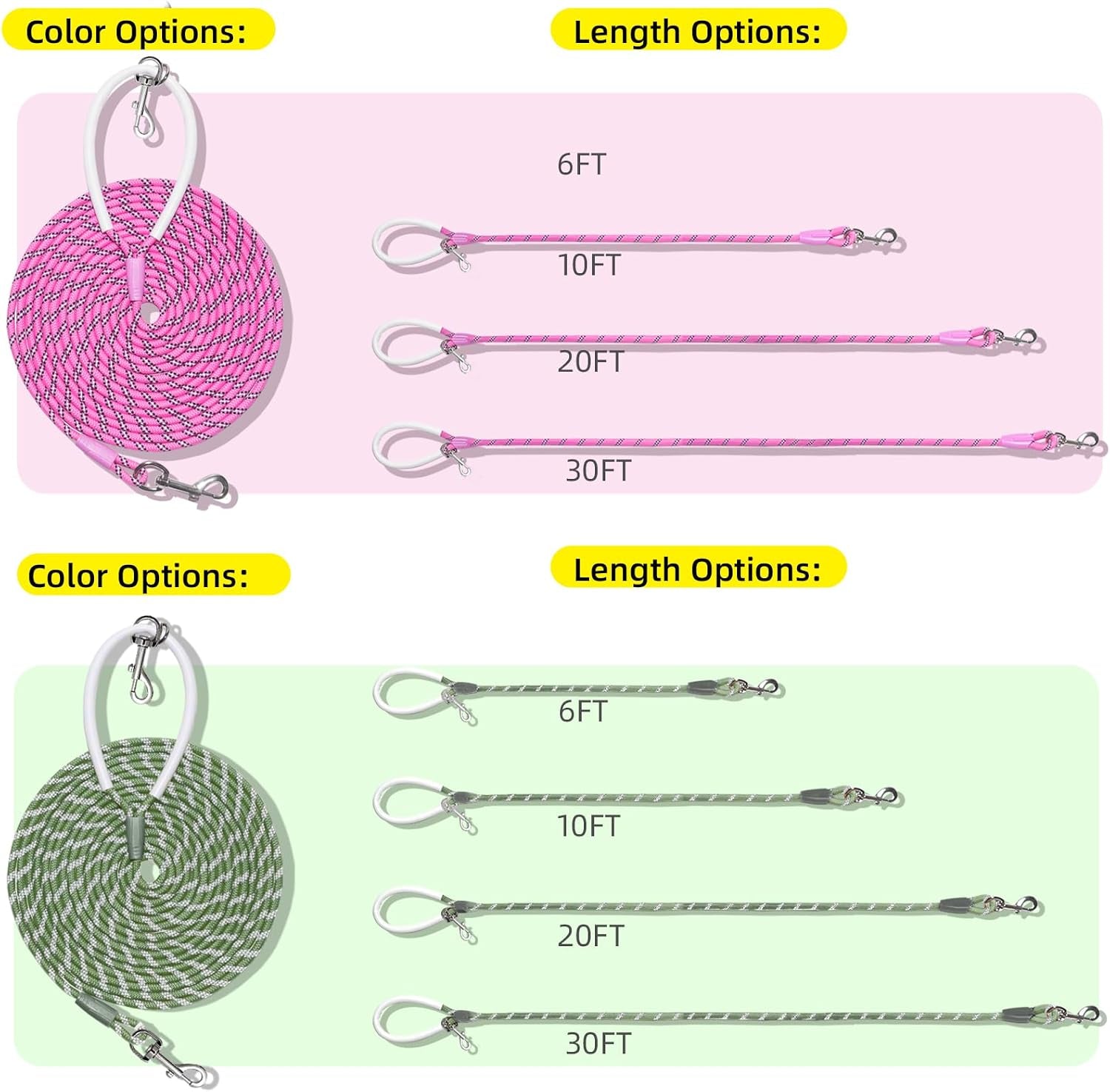 Lightweight Nylon Training Leash 30Ftx1/4In Pink with Comfortable Silicone Handle Highly Reflective No Tangle for Dogs Cats outside Walking Camping Backyard.