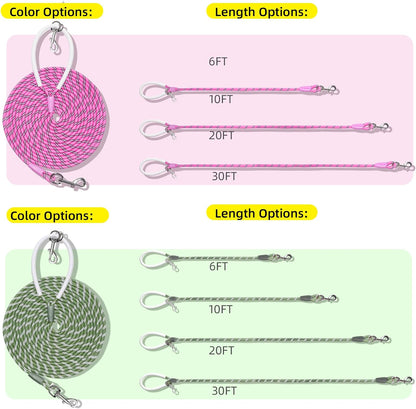Lightweight Nylon Training Leash 30Ftx1/4In Pink with Comfortable Silicone Handle Highly Reflective No Tangle for Dogs Cats outside Walking Camping Backyard.