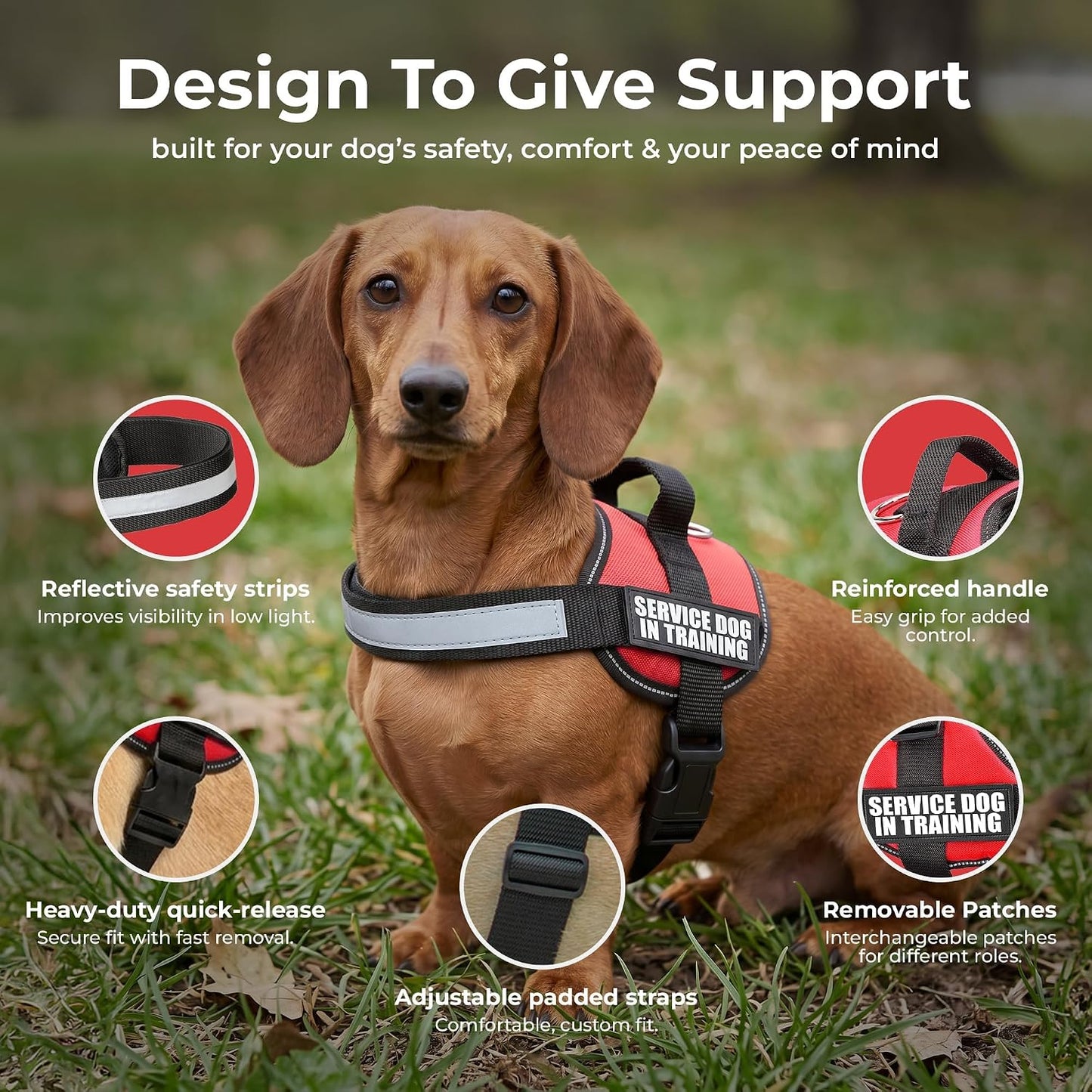 Service Dog in Training Vest Harness, XS 16.5-21.5 in Red | Durable & Adjustable Vest for Dog with Reflective Straps, Removable Patches, Handle & D-Ring, Travel and Daily Use