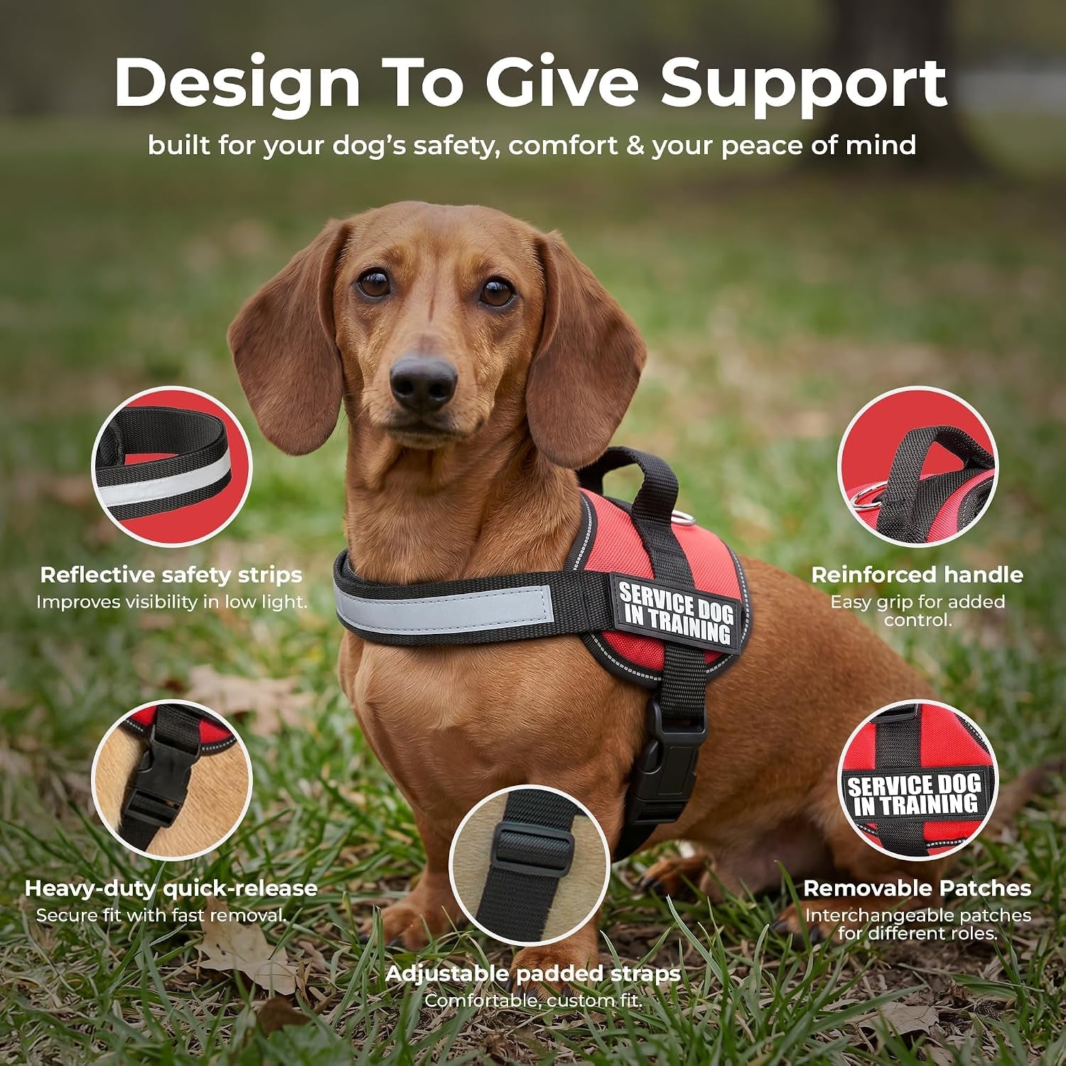 Service Dog in Training Vest Harness, XS 16.5-21.5 in Red | Durable & Adjustable Vest for Dog with Reflective Straps, Removable Patches, Handle & D-Ring, Travel and Daily Use